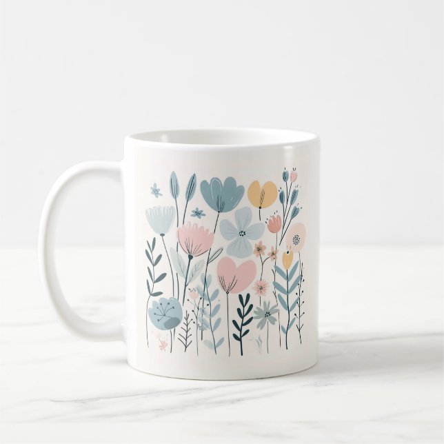 Caneca De Café Flores de Cartoon Bonitas Aquarela Desenhar de Mão (Esquerda)