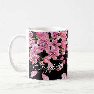 Caneca De Café Flores De Cereja Rosa Em Preto