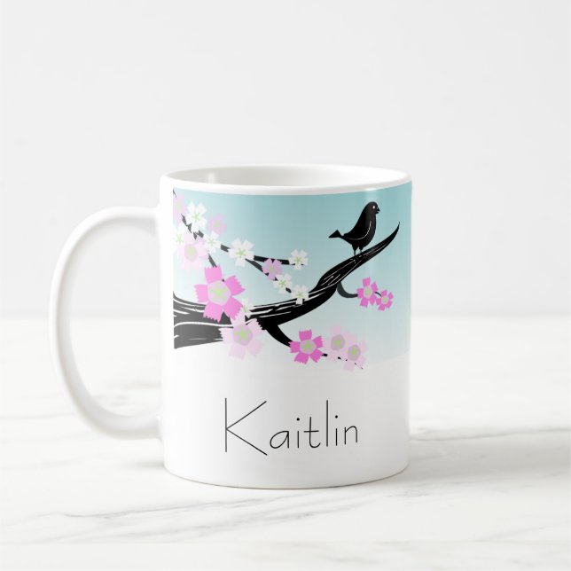 Caneca De Café Flores de cerejeira customizáveis do pássaro do (Esquerda)