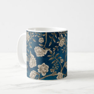 Caneca De Café Flores de Chinoiserie Azul Marinho Escuro e Verde