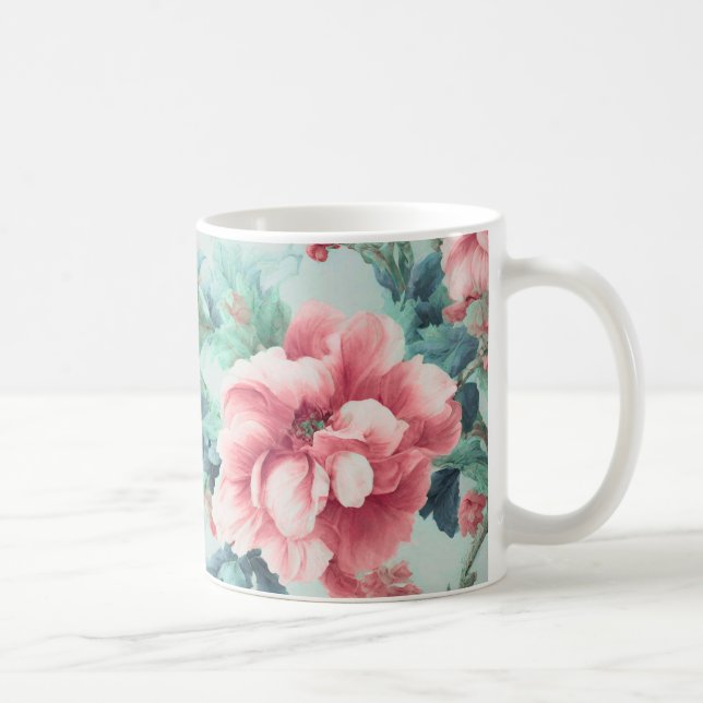 Caneca De Café Flores de Clarete Rosa, Excelentes, Folhas Azuis V (Direita)