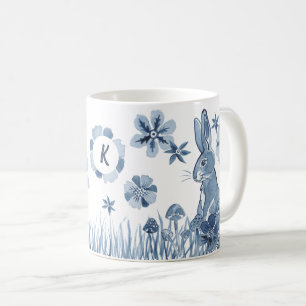 Caneca De Café Flores de coelho azul e branco Coelho de Páscoa m