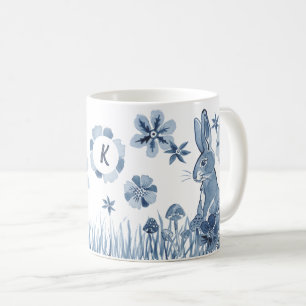 Caneca De Café Flores de coelho azul e branco Coelho de Páscoa mo