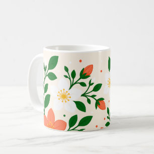 Caneca De Café Flores de Coral e Branco Elegantes com Folhagem Ve