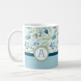 Caneca De Café Flores De Cores Aquáticas Verdes Azuis Monograma