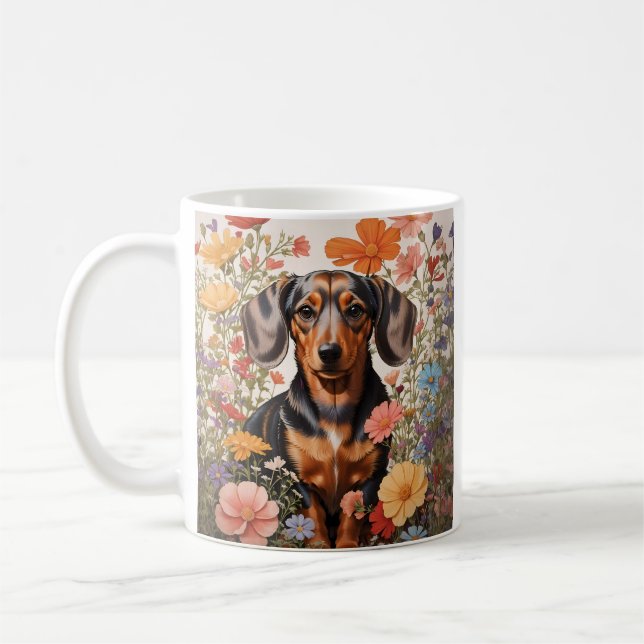 Caneca De Café Flores De Dachshund Castanho E Cosmos (Esquerda)