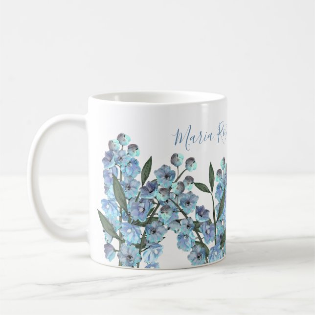 Caneca De Café Flores De Delfinium Azuis Simples, Florais, Botâni (Esquerda)
