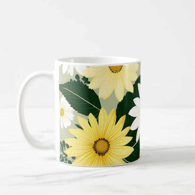 Caneca De Café Flores De Disias Amarelas E Brancas Elegantes (Esquerda)