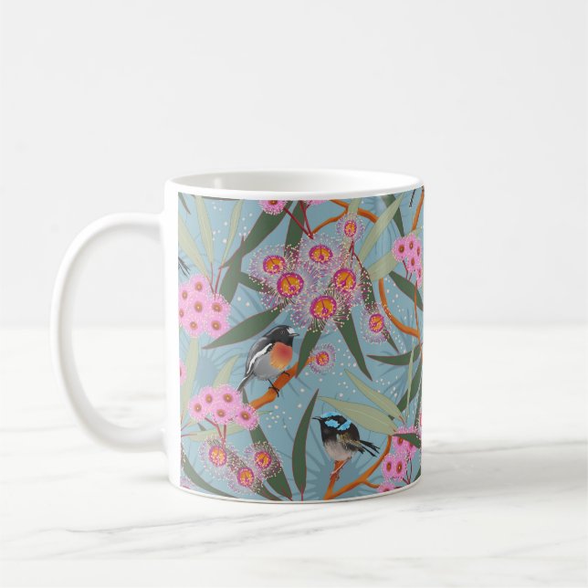 Caneca De Café Flores de Eucalipto com Aves a Rosa e Azul (Esquerda)