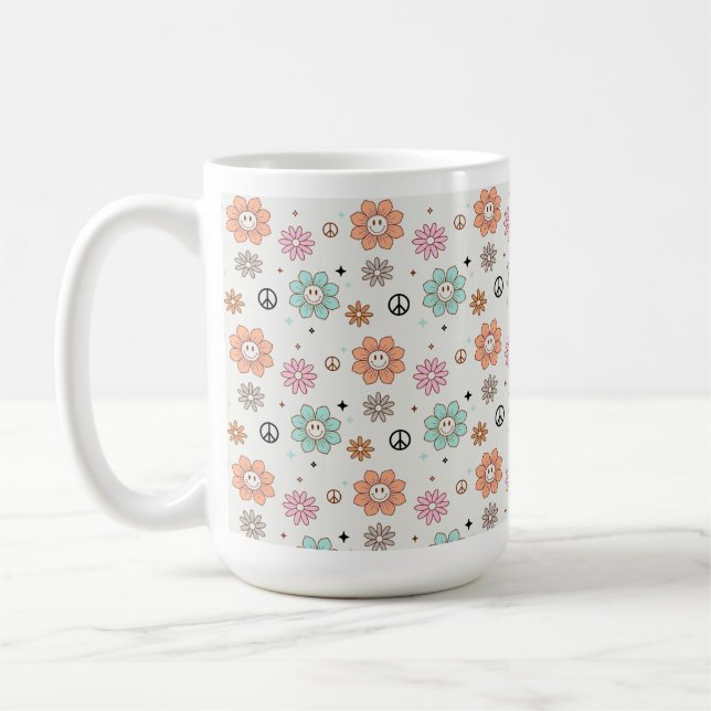 Caneca De Café Flores de Groovy Retro e Sinais de Paz (Esquerda)