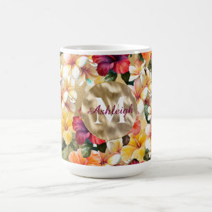 Caneca De Café Flores de Hibisco Amarelo Tropicais Monograma