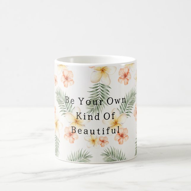 Caneca De Café Flores de Hibisco Branco Pêssego Folhas Verdes (Centro)
