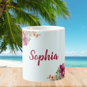 Caneca De Café Flores de Hibisco Rosa Monograma Floral Tropical