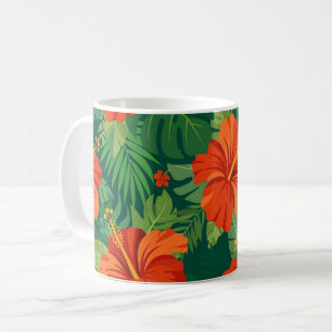 Caneca De Café Flores de Hibisco Vermelho Laranja Verde Folhagem