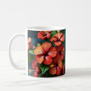 Caneca De Café Flores de Hibisco Vermelho Vibrantes com Folhas-76