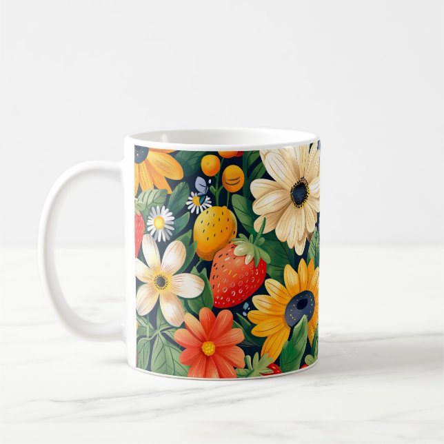 Caneca De Café Flores de Jardim de Verão Padrão de Morango (Esquerda)