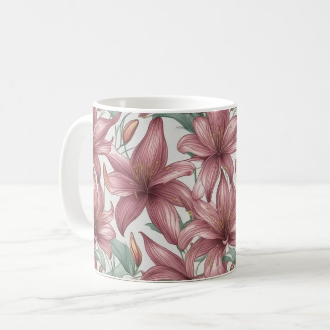 Caneca De Café Flores de Lírio Rosa em Aquarela (Frente Esquerda)