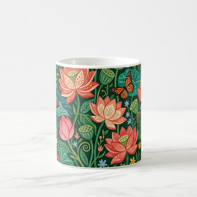 Caneca de Café Flores de Lótus Borboletas Abstrata (Centro)