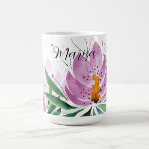 Caneca De Café Flores de Lótus Florescem Violeta Lilás Aquarela