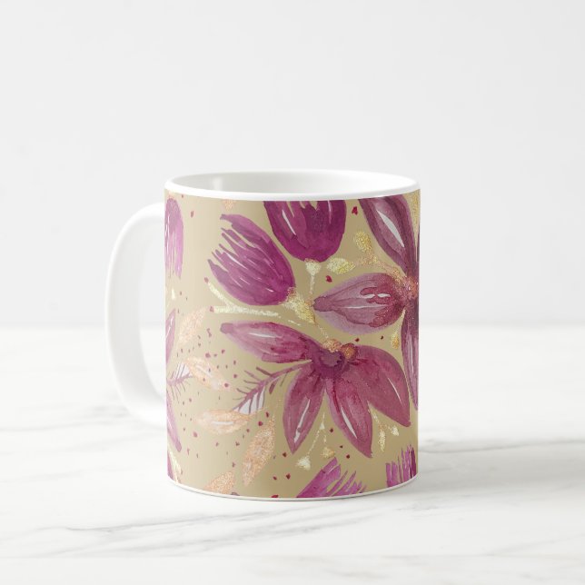 Caneca De Café Flores de Maracujá, Aquarela Burgundy e Dourado (Frente Esquerda)