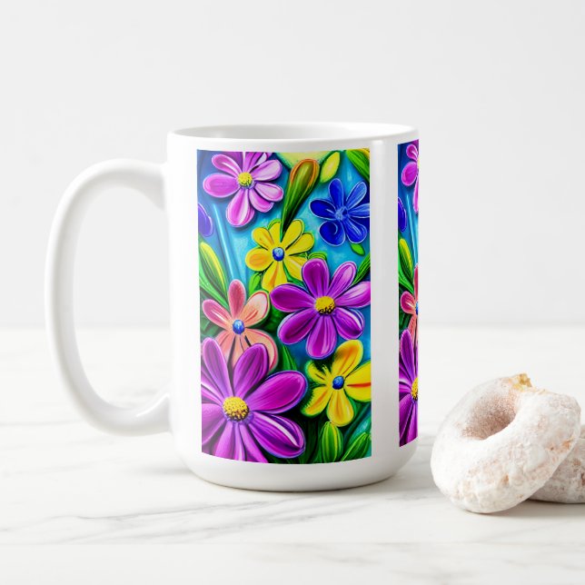 Caneca De Café Flores de Margarida Coloridas Brilhantes (Com Donut)