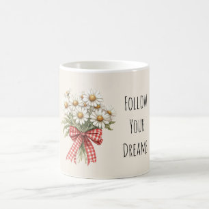 Caneca De Café Flores de Margarida com Laço Branco Vermelho