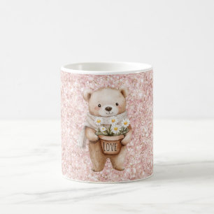 Caneca De Café Flores de Margarida de Urso Doce Brilho Rosa