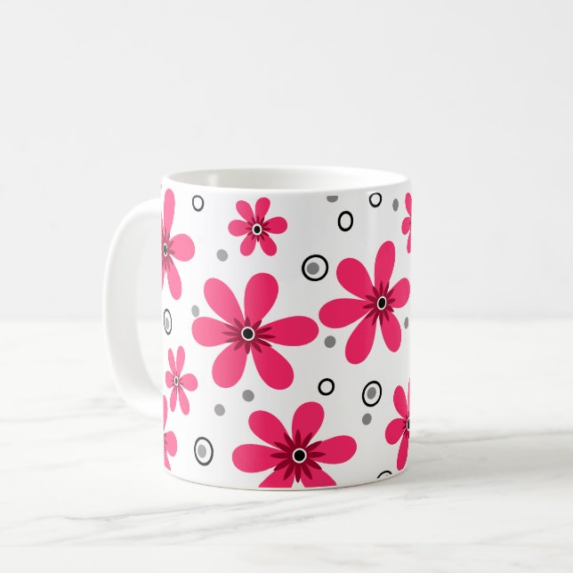 Caneca De Café Flores de margarida vermelhas fundo retrô verão (Frente Esquerda)