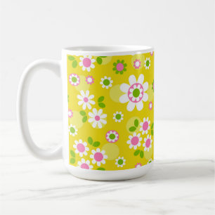 Caneca De Café Flores de Mod Retro Amarelo e Branco