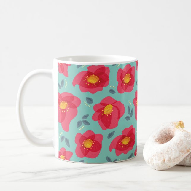 Caneca De Café Flores de Mola Padrão Azul Cor-de-Rosa Springtime (Com Donut)