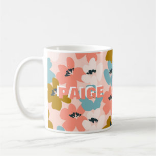 Caneca De Café Flores de Monograma Azul Cor-de-rosa Mug Padrão