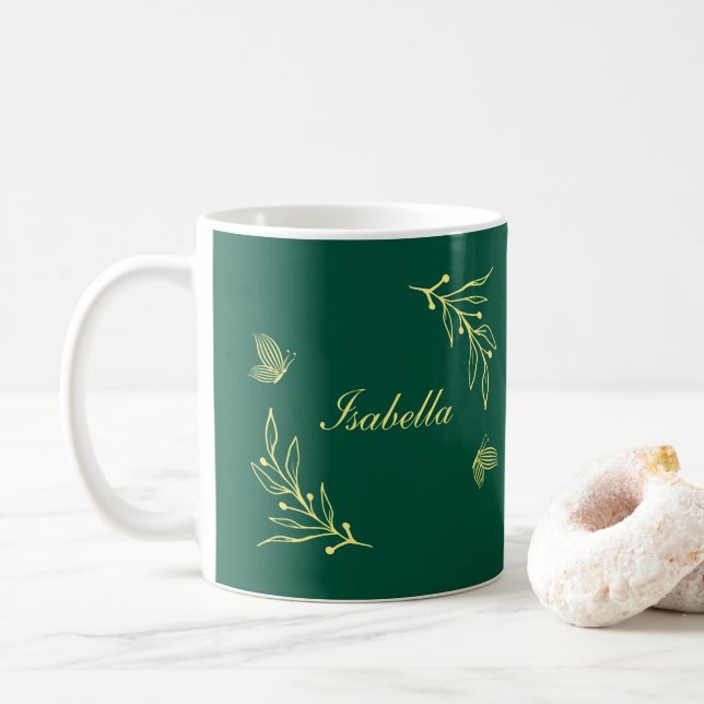 Caneca De Café Flores de ouro simples esmeralda verde  (Com Donut)