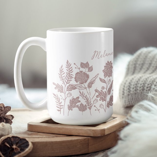 Caneca De Café Flores de outono de Folhagem Personalizadas Rosa (Personalized Foliage Autumn Flowers Pink Coffee Mug)