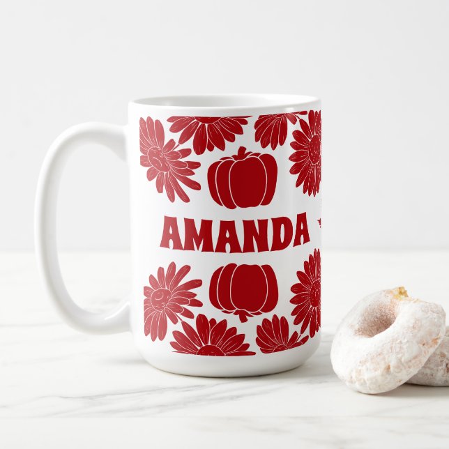 Caneca De Café Flores de outono Personalizadas Pumpkins Vermelho (Com Donut)