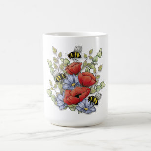 Caneca De Café Flores de Papoula e Desenho Digital de Abelhas, Bo