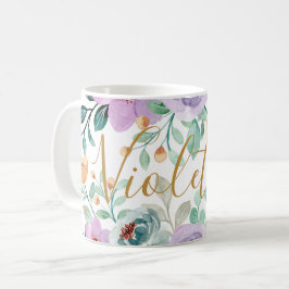 Caneca De Café Flores De Pastel Roxo Nome Adicione Floral De Aqua