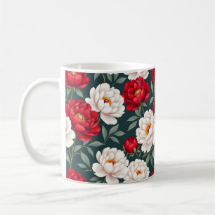 Caneca De Café Flores de peônia vermelhas e brancas