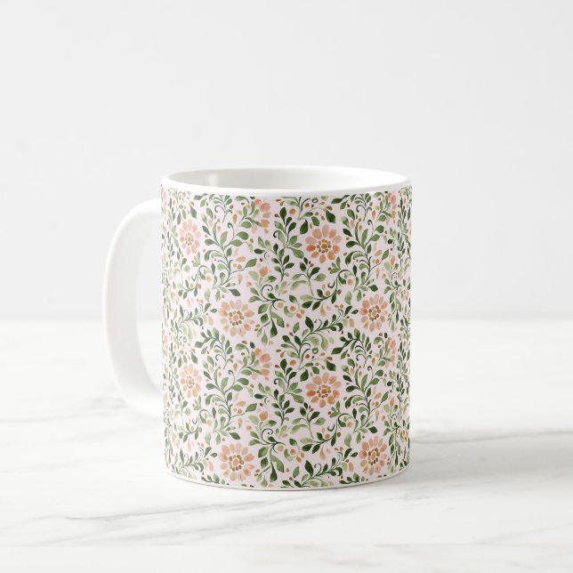 Caneca De Café Flores de Pêssego Bege Folhas Verdes (Frente Esquerda)