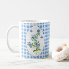 Caneca De Café Flores de Plumbago e borboletas em Gingham Azul