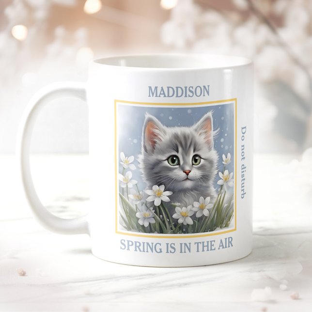 Caneca De Café Flores de primavera de Gatinho Cinto Nome do Lover (Cute Kitty Spring Flowers Cat Lover Name Blue and yellow Mug)
