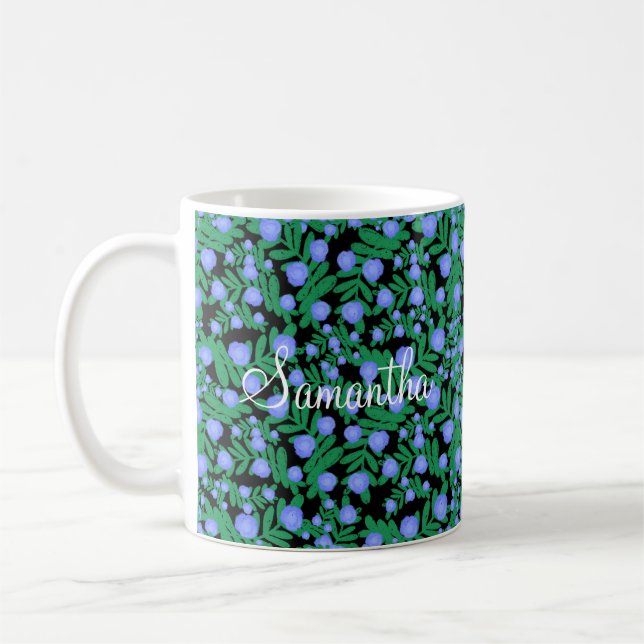 Caneca De Café Flores De Púrpura Leve E Plantas De Folha Verde (Esquerda)