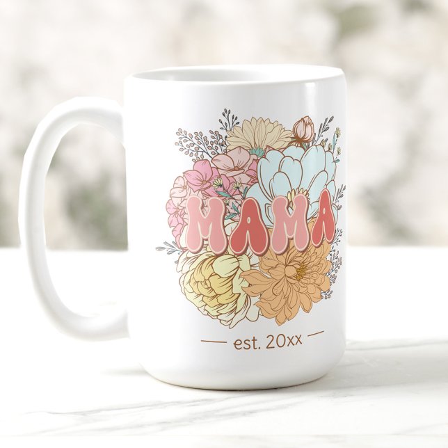 Caneca De Café Flores de Retrô Mãe Grande Estabelecidas (Established Mama Retro Flowers Mom Large Coffee Mug)