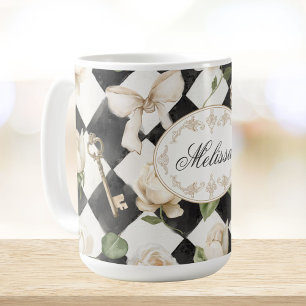 Caneca De Café Flores de Rosa Vintage Monograma Diamante Preto Br