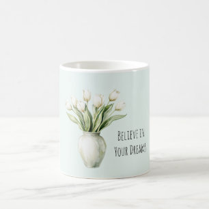 Caneca De Café Flores de Tulipa Branca Menta em Vaso