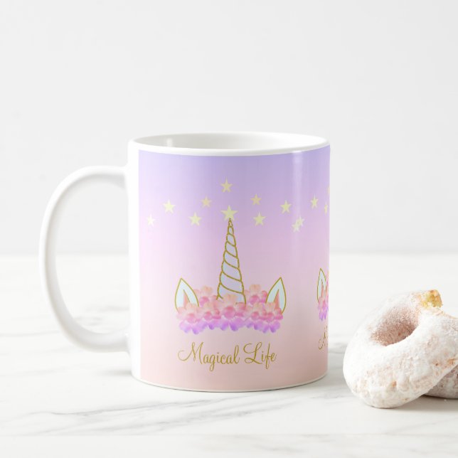 Caneca De Café Flores de Unicórnio e Estrelas (Com Donut)