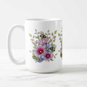 Caneca De Café Flores e Abelhas, Arte Botânica à Mão Livre
