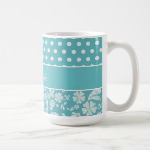 Caneca De Café Flores e bolinhas de turquesa