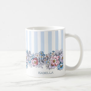 Caneca De Café Flores e faixas bonito, cor-de-rosa e azuis, sem n