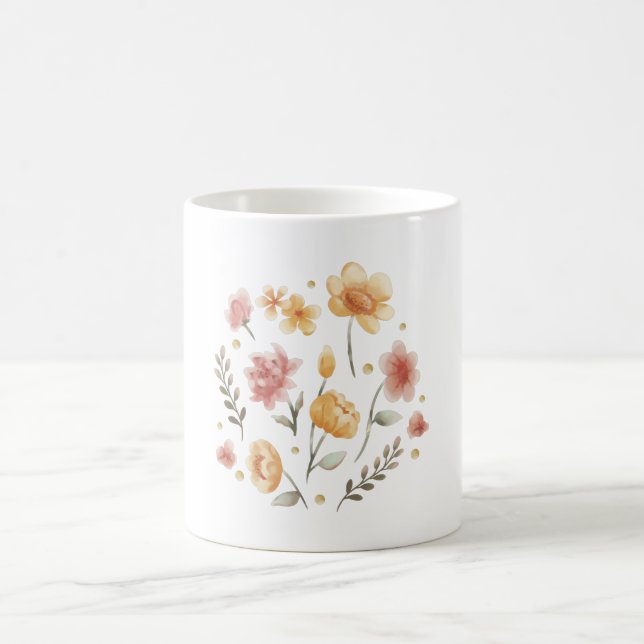 Caneca De Café Flores e folhas de cor d'água (Centro)