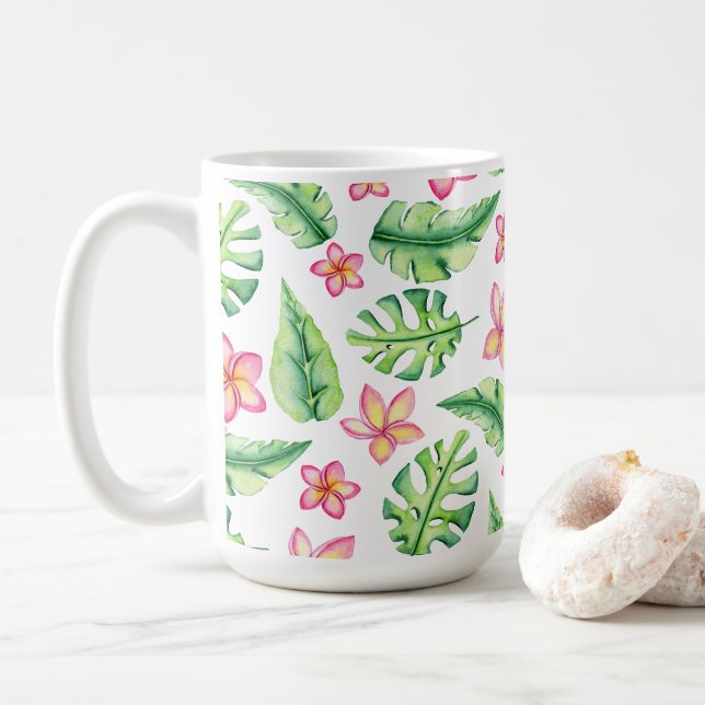Caneca De Café Flores E Folhas De Estilo Tropical (Com Donut)